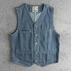 Spring New Japanese Retro Denim Striped Cargo Vest Men's Fashion Pure Cotton Washed Sleeveless V-neck Multi-pocket Casual Coat