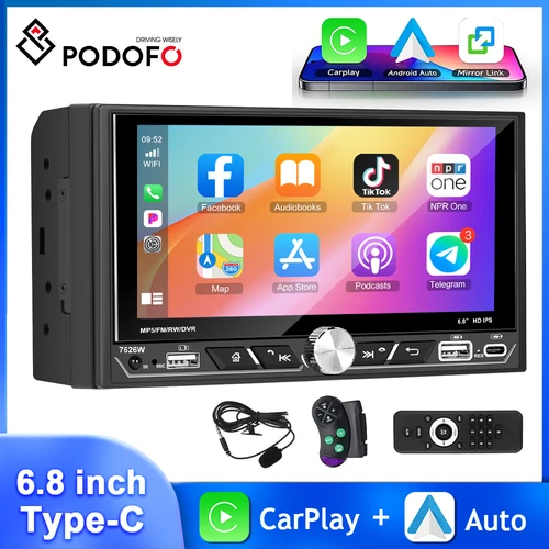 Podofo 6,8'' Auto Radio 2Din MP5 Player Typ-C Dual USB Multimedia Player Carplay Android Auto FM/AM/RDS Spiegel Link Auto Stereo