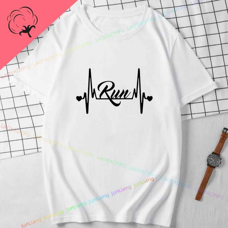 Run Men's Clothing 100% Cotton Funny Gifts Running Heartbeats Oversized T-shirt Runer Man Clothes Unisex Short Sleeve Tee Y2k