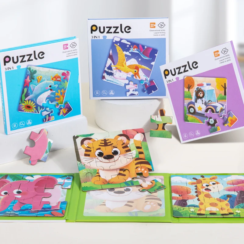 Nuovo puzzle in legno 3 in 1 animale del fumetto giocattolo Montessori per bambini gioco di puzzle di formazione del pensiero logico per la prima educazione