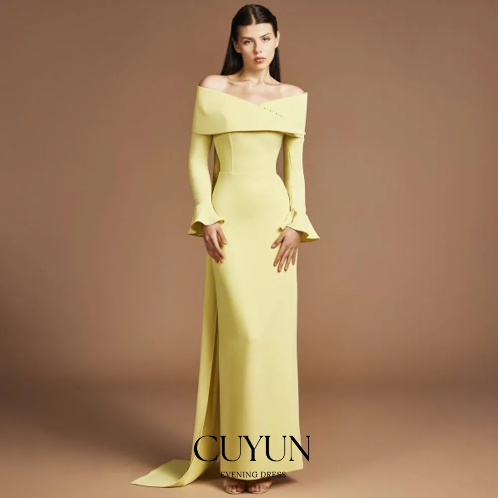 CUYUN カラム オフショルダー ネックライン イブニングドレス フロアレングス 長袖 プロムパーティードレス カスタマイズされたフォーマルイベントドレス