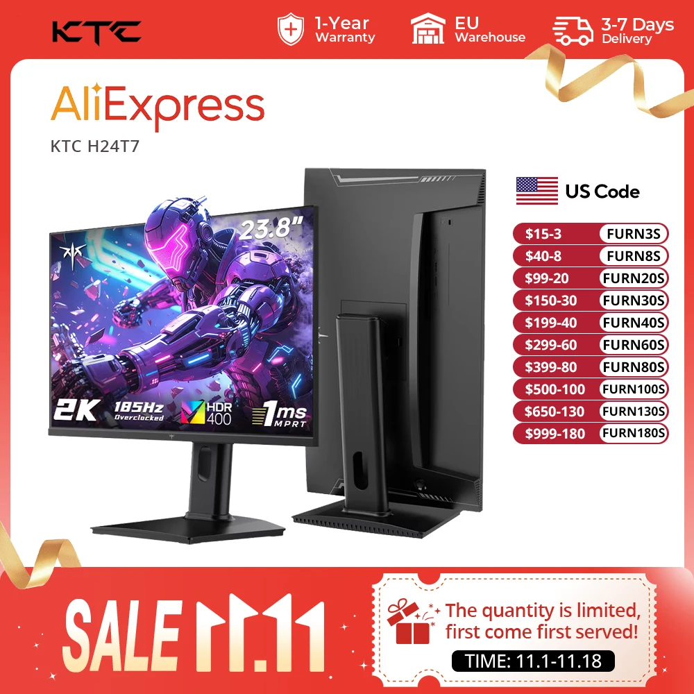 KTC H24T7 23.8' QHD Fast IPS Gaming Monitor Features 185Hz OC Refresh Rate, 1ms MPRT, HDR400, 400 Nits Brightness, Supports FreeSync & G-Sync Compatible, Low Blue Light, Height Adjustment, Pivot, VESA Mount, HDMI 2.0 and DP 1.4 Connectivity