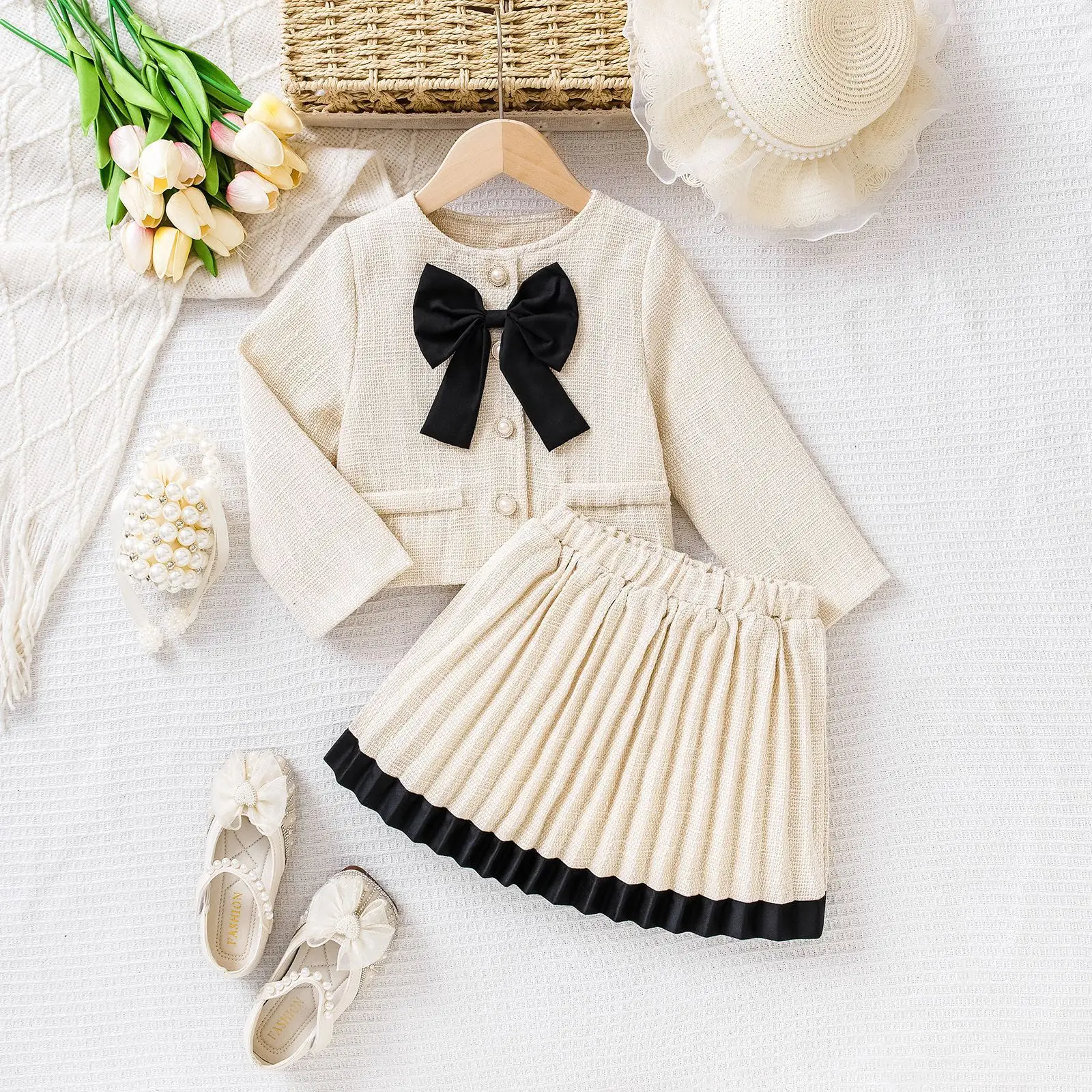 

Childlike Bow Jacket Pleated Skirt Set Children's Two-piece Set Kids Skirts Baby Kilts Autumn Styles Girl's Small Fragrance Suit