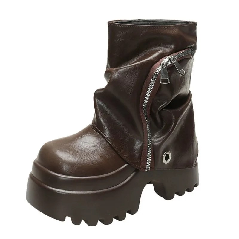 المرأة الخريف الشتاء الجلود حذاء من الجلد 9 سنتيمتر الكعوب منصة مكتنزة أحذية قتالية جديدة عدم الانزلاق دراجة نارية أحذية امرأة فاسق الأحذية