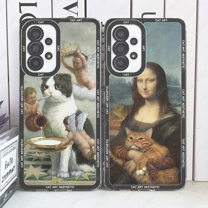 Fun Cat Art Case For Samsung Galaxy S20 Plus S21 FE S22 S23 Ultra A53 A52 A54 S24 Van Gogh Gustav Klimt Mona Lisa Phone Cover