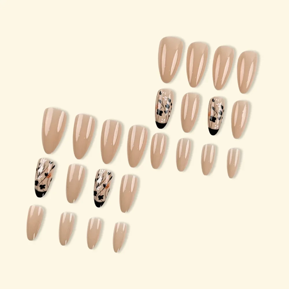 24pcs/set Medium Glossy Ballet Solid Color Art Simple Fake Nail Tips Black Floral Press-On Nails for Women and Girls Party Wear