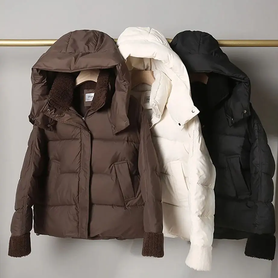 

Женские хлопковые куртки, новинка 2025, зимние хлопковые стеганые пальто с воротником из овечьей шерсти и капюшоном, толстая теплая куртка-хлеб, пальто