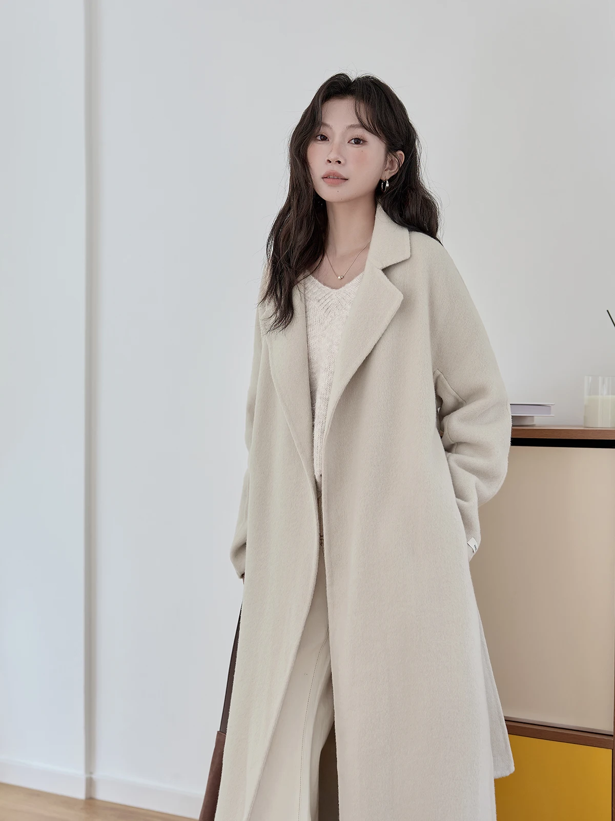 

Двустороннее шерстяное пальто HuiXi для женщин, длинное, осенне-зимнее, новинка, цвет светло-бежевый, корейский стиль, для повседневной носки