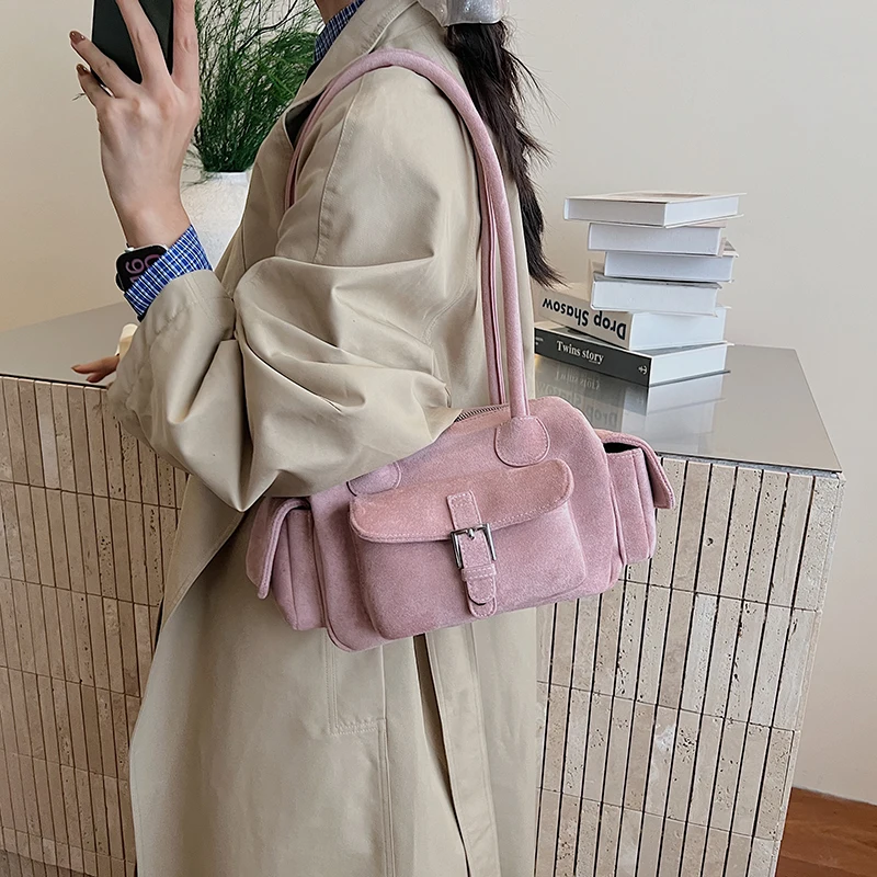 Multi-pockets Mini Shoulder Bags For Women Faux Suede Pure Color Satchels Bag 2025 Autumn New Casual Street Small Square Handbag