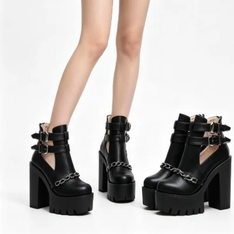 Spring Autumn Demi-season Punk Ankle Boots for Women High Heels Booties Woman 2026 New Chain Thick Heels Platform Shoes 42