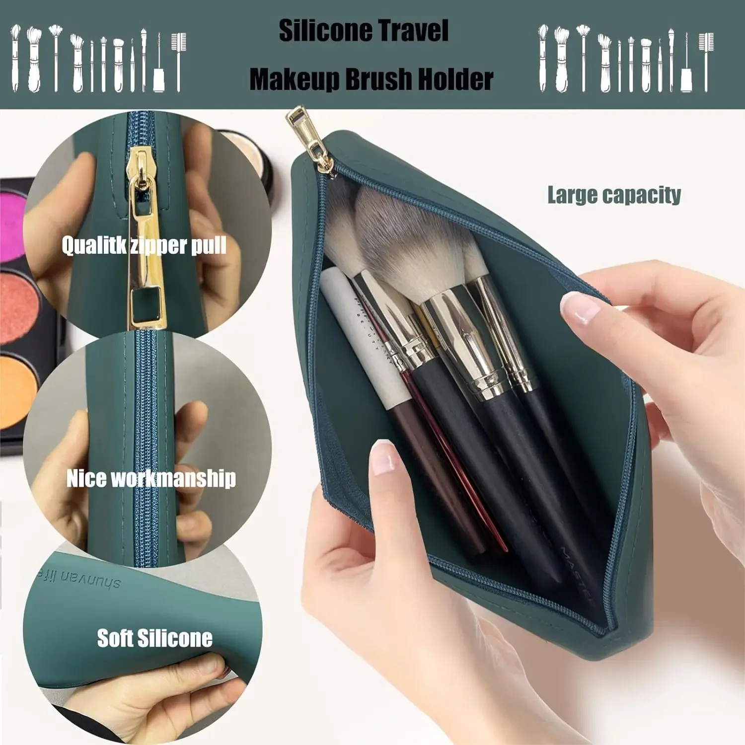 Portaspazzole per trucco in Silicone, borsa per pennelli per trucco di grande capacità, borsa per pennelli cosmetici da viaggio portatile per viaggi