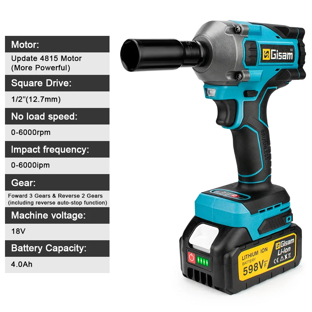 Gismis-llave de impacto eléctrica sin escobillas, Torque 1000N.M, llave inalámbrica de 1/2 pulgadas, destornillador, herramientas eléctricas para