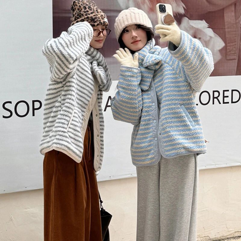 Y2K Korean Double-Sided Cotton-Padded Coats Women Chic Single Breasted Polar Fleece Jackets Stripe Contrast Color Winter Parkas