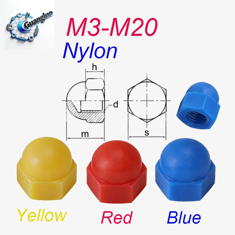 Guangluo 1Pc-30pcs M3 M4 M5 M6 M8 M10 M12 M14 M16 M18 M20 Red /Yellow /Blue Nylon Plastic Cap Hexagon Nuts Cap Nylon Nuts