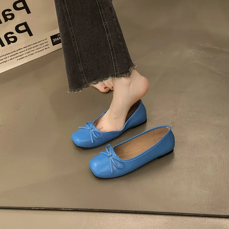 Kobiety Retro Gentle Bowknot Flat Shoes Fashion Elegant Blue Sliver Square Toe Slip on Spring Autumn Dress Loafer Casual Shoes