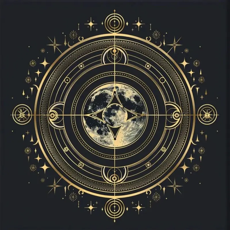 Tarot Altar Cloth Black Gold Moon Phase Pentagram Sacred Geometry Mat for Wicca Witchcraft Tarot Ritual Decor