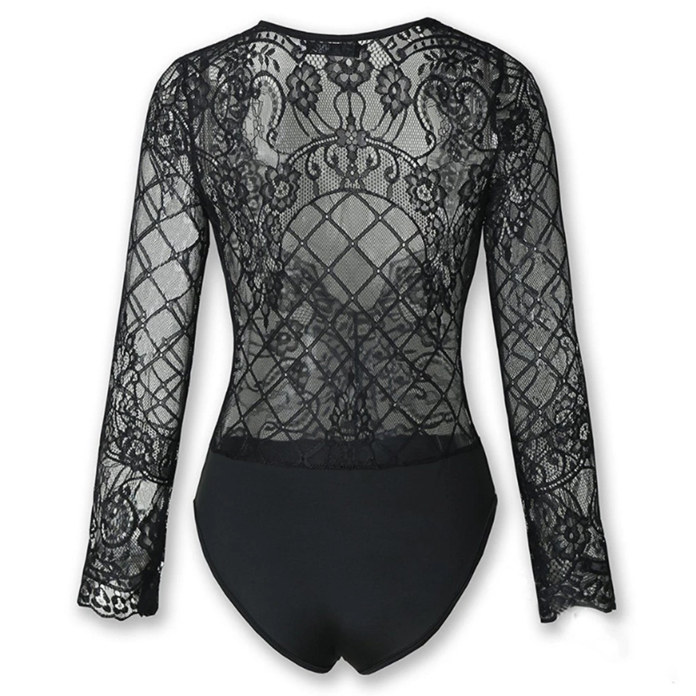 Sexy Skinny Lace Bodysuit Women Transparent Mesh Lingerie Deep V-Neck Erotic Black One Piece Long Sleeved Bodycon Underwear