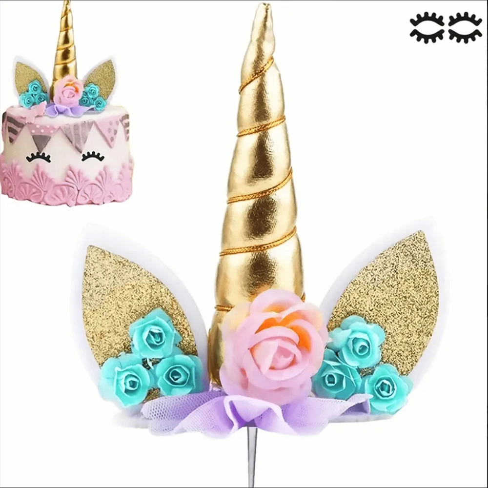 1set Cake Topper Unicorn With 2 Eyelashes Base for Birthday Party Cake Dessert DIY Decoration Supplies - view 5