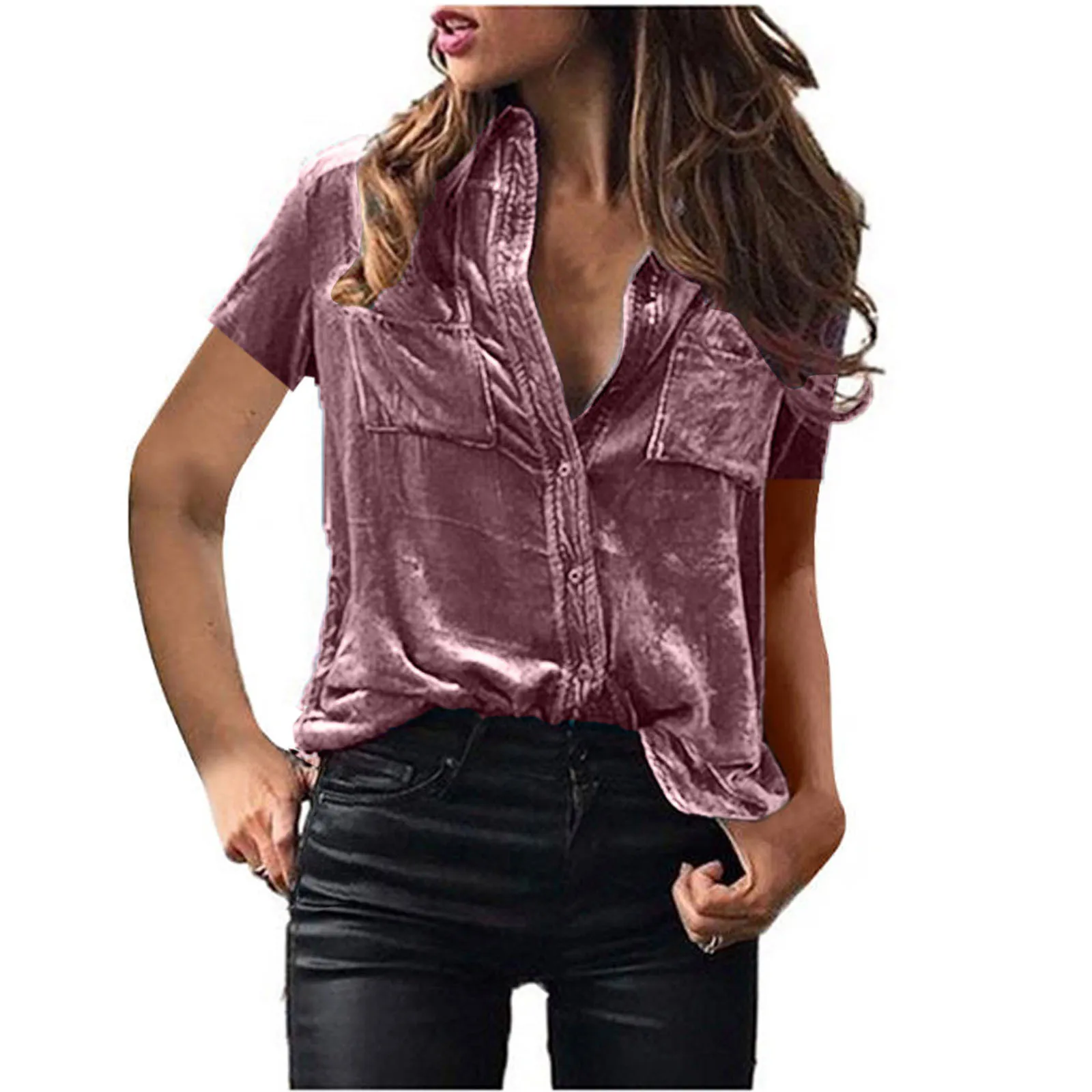 2025 Primavera Verano nueva moda mujer Color sólido básico Casual moda cuello vuelto camisas de manga corta ropa femenina Tops