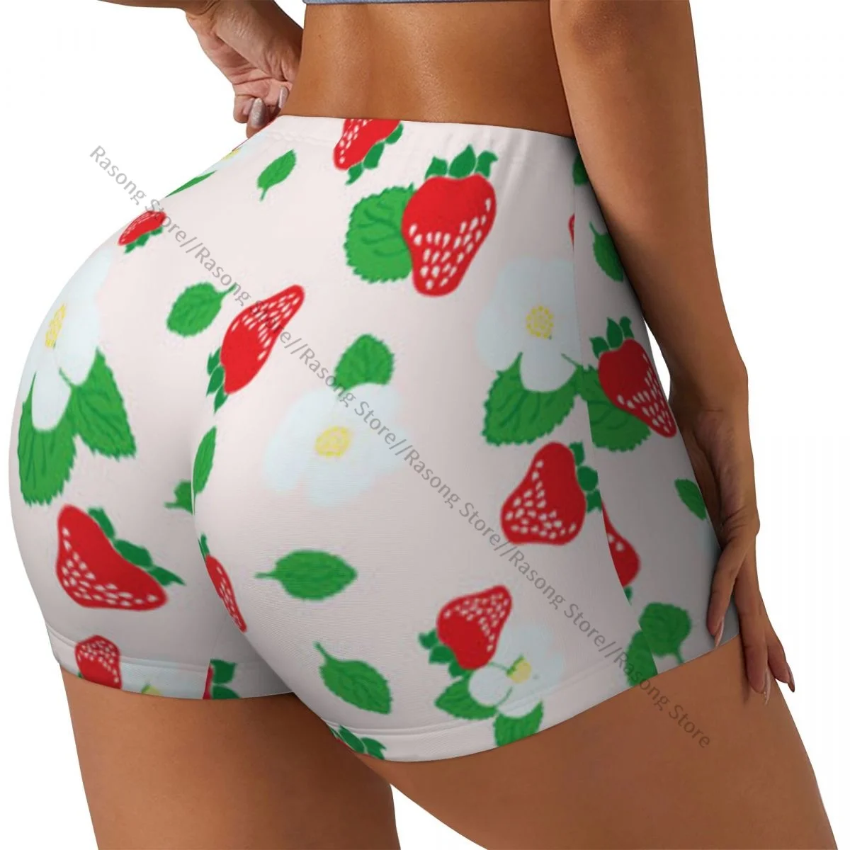 

Yoga Shorts Flowers And Berries Strawberries Background Women Biker Tight Elastic Workout Sports Leggings Sportswear