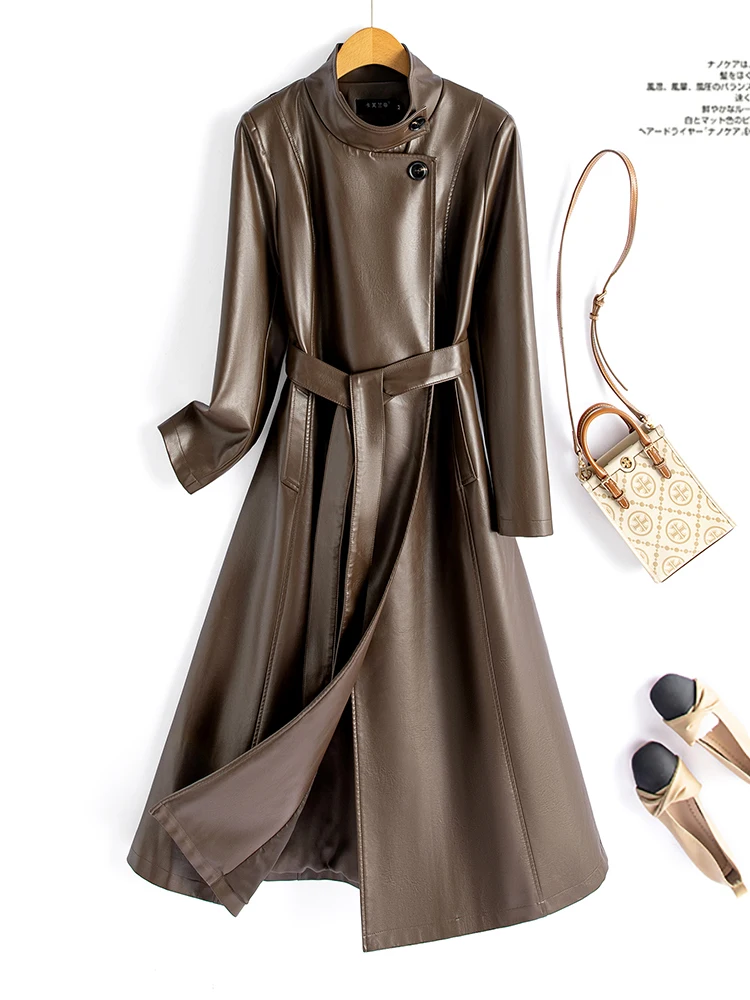 Manteau en cuir d'agneau véritable mi-long et ajusté pour femme, coupe-vent élégant, tendance mode 2024