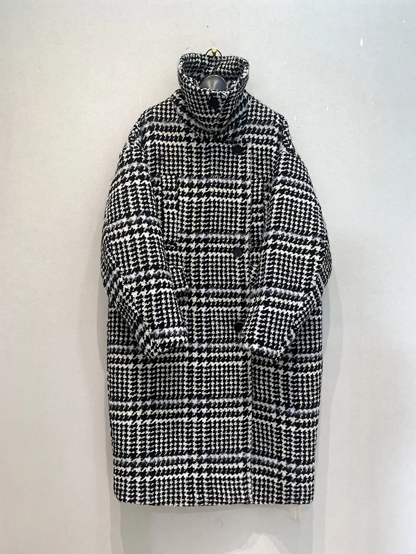 Kuzuwata Stand Collar Long Sleeve Plaid Loose Jacket Double Breasted Vintage Soft Coat Japan Moda Mid-length Casual Outwears