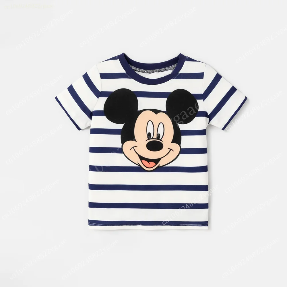 Summer Mickey Mouse Minni Stripe T Shirt For Kids Boy Girls Women Men Top Tee Family Clothes Costume Streetwear