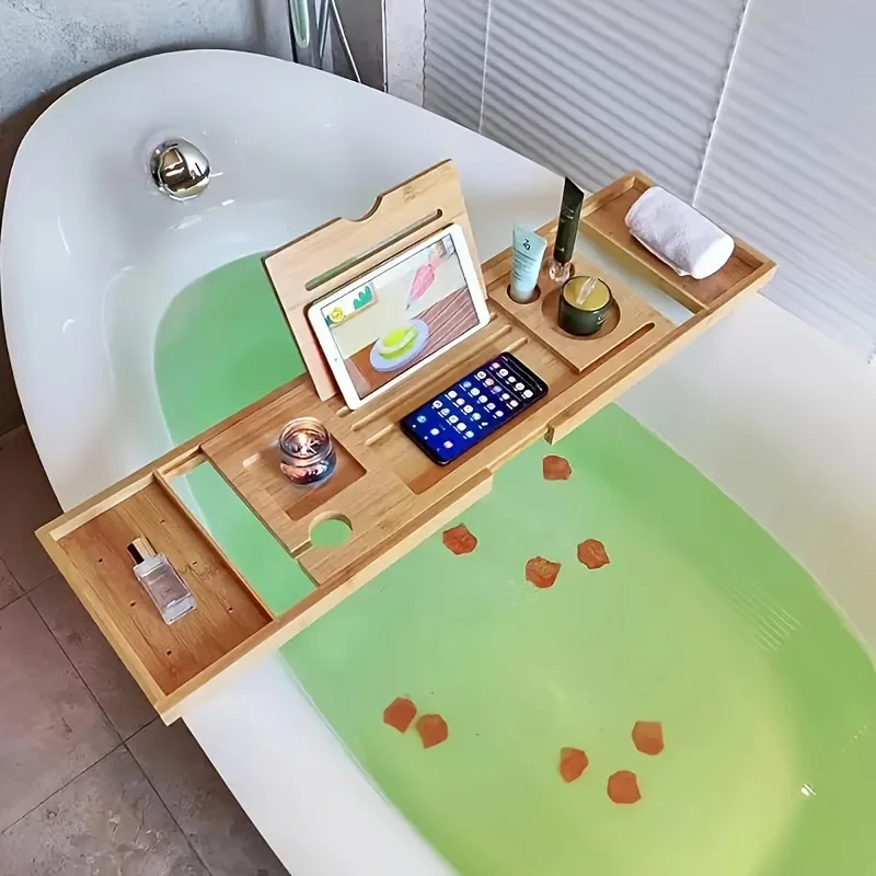 

Раздвижной деревянный поднос-органайзер для ванны - регулируемая подставка для чтения, выдвижная полка для ванны, экономия места