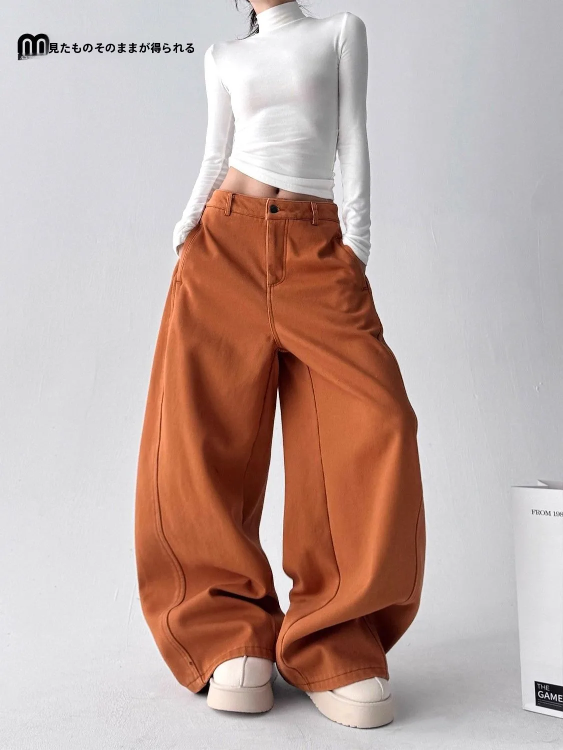 

Orange High Waist Wide Leg Denim Jeans Women's Loose Slimming Fleece Winter Thickened Floor-Length Straight Cut Pants