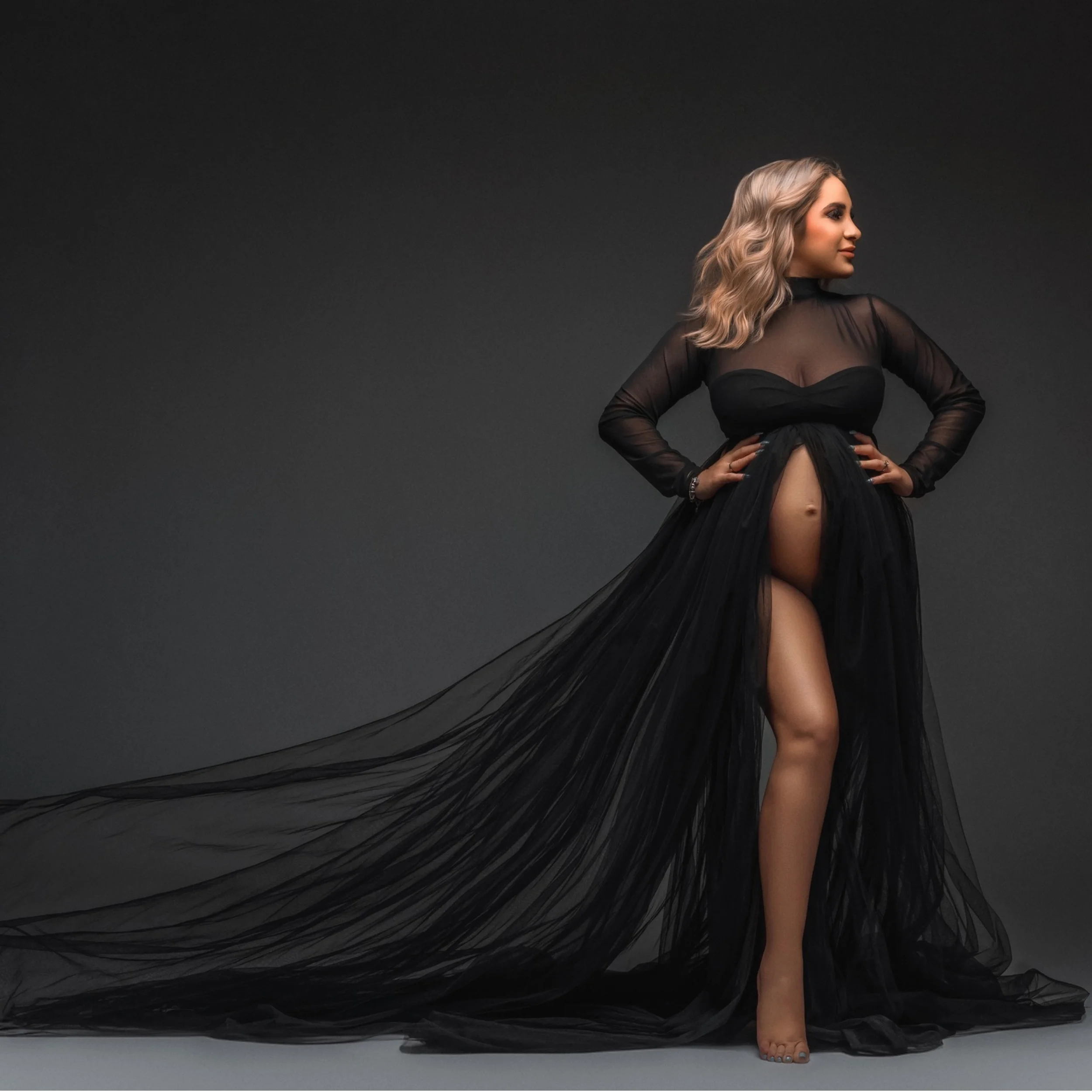 

Linda Sexy Black Maternity Dress for Pregnancy Sheer A Line Tulle Slit Gala Gown Customized BabyShower Gowns for Photoshoot