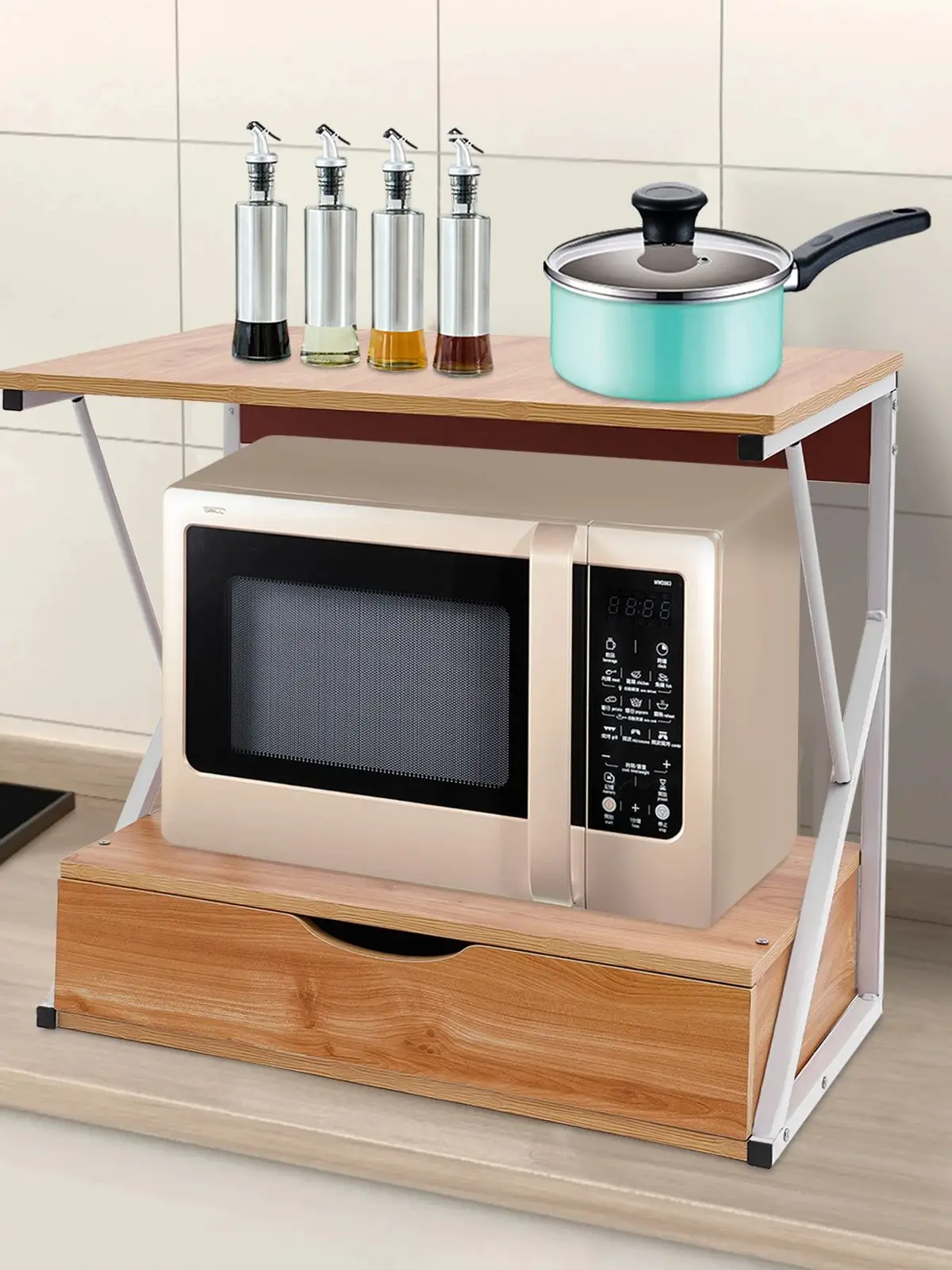 Étagère pour micro-ondes à 2 niveaux, support pour micro-ondes sur unité d'étagère pour micro-ondes avec tiroir, étagère de cuisine, comptoir de cuisine, rangement pour friteuse à air