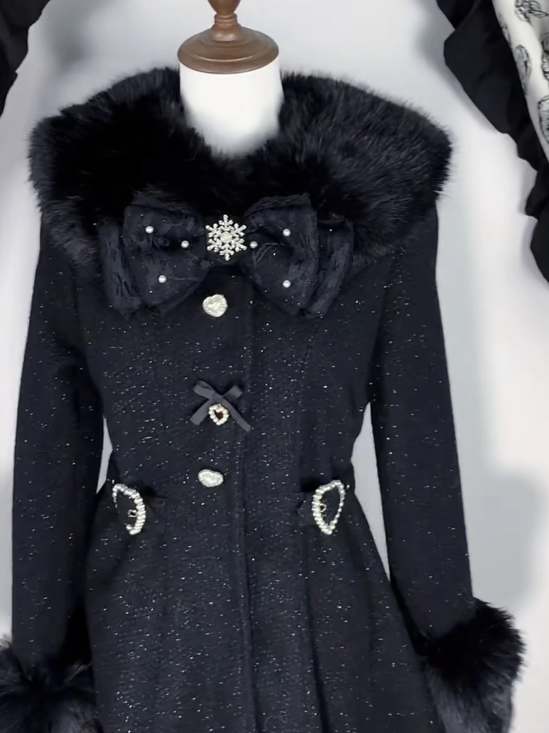 

Original Design Mass-Produced Mine Series Coat Bow Slim Kawaii Japanese Style Cute Plush Collar Heart Single-Breasted Wool Coat