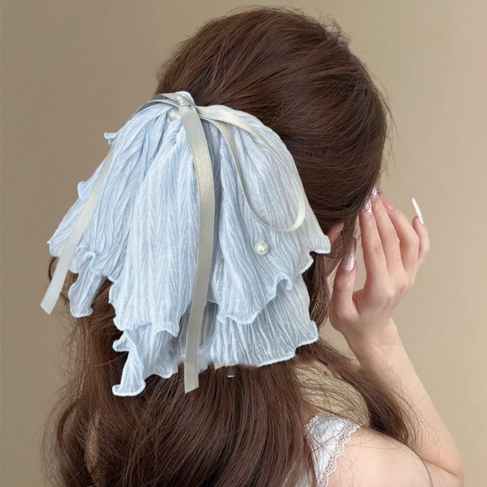 New Style Sweet Chiffon Hair Grab Large Bow Imitation Pearl Ponytail Catcher Retro Adjustable Pleated Bow Hair Claw Bridal