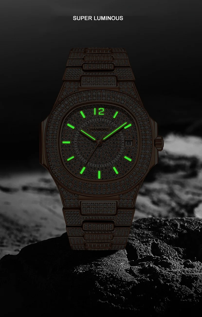 HANBORO Orologio automatico da uomo 38mm Orologio da polso meccanico quadrato Luminoso 5Bar Impermeabile Miyota 8215 Cassa in cristallo