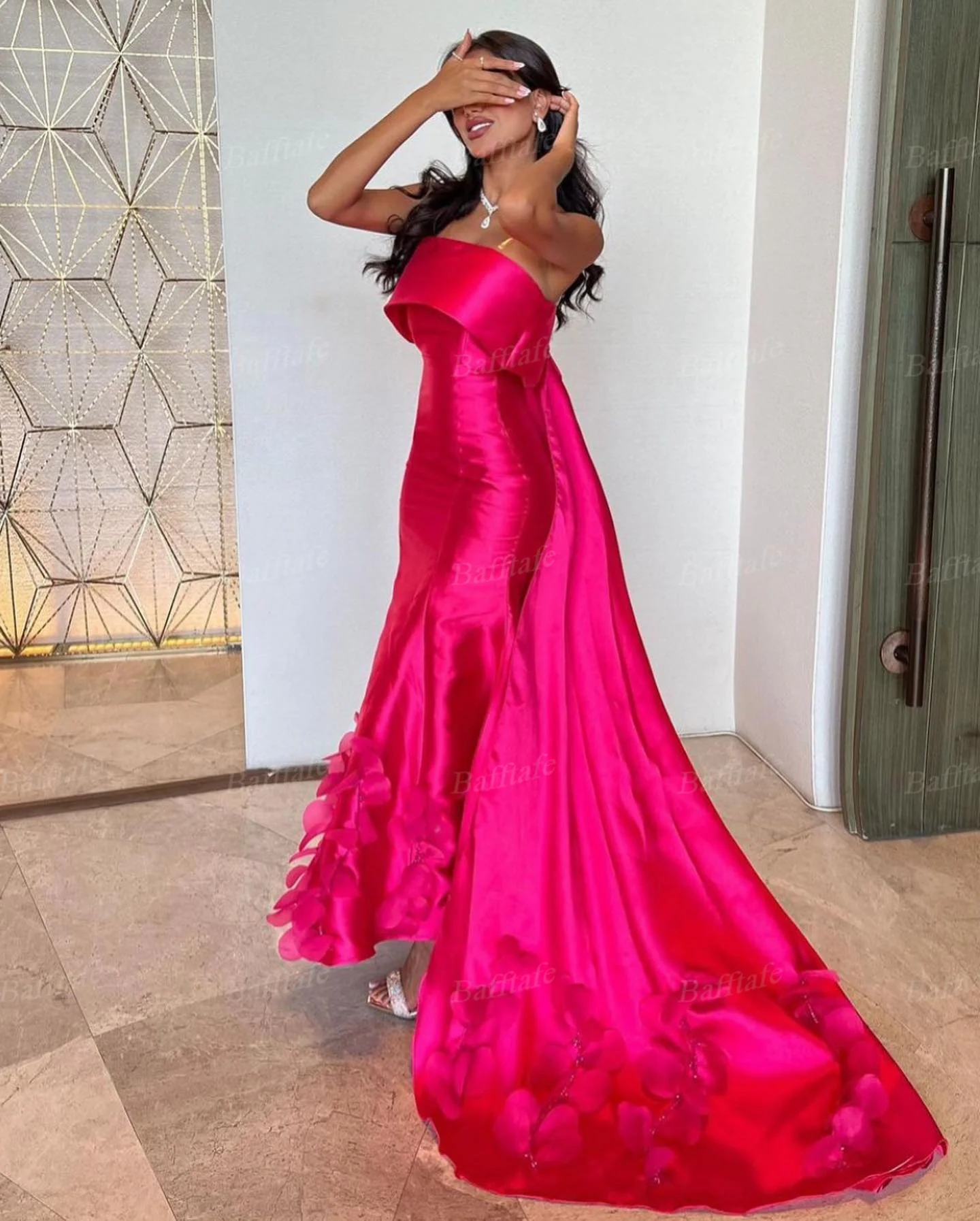 Mermaid Fuchsia Satin Arabic Evening Dresses With Train Leaves Customized Women Formal Party Gowns Special Prom Celebrity Dress