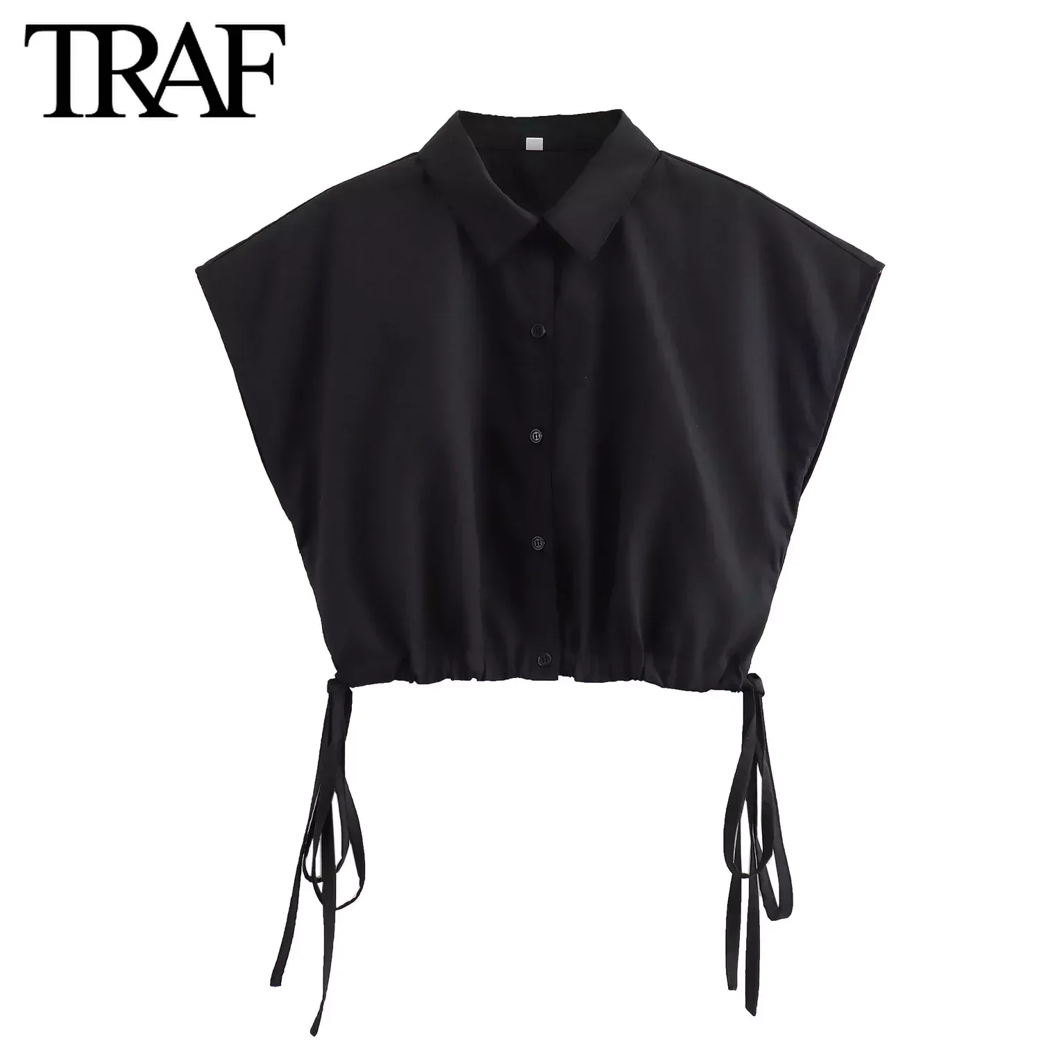 TRAF Women Fashion Summer New Sleeveless Single-breasted Lapel Lace-up Design Short Blouse Street Clothing Shirt Chic Ladies Top