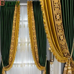 European High-end Lace Dark Green Velvet Blackout Thickened European Embroidery Curtains for Living Dining Room Bedroom