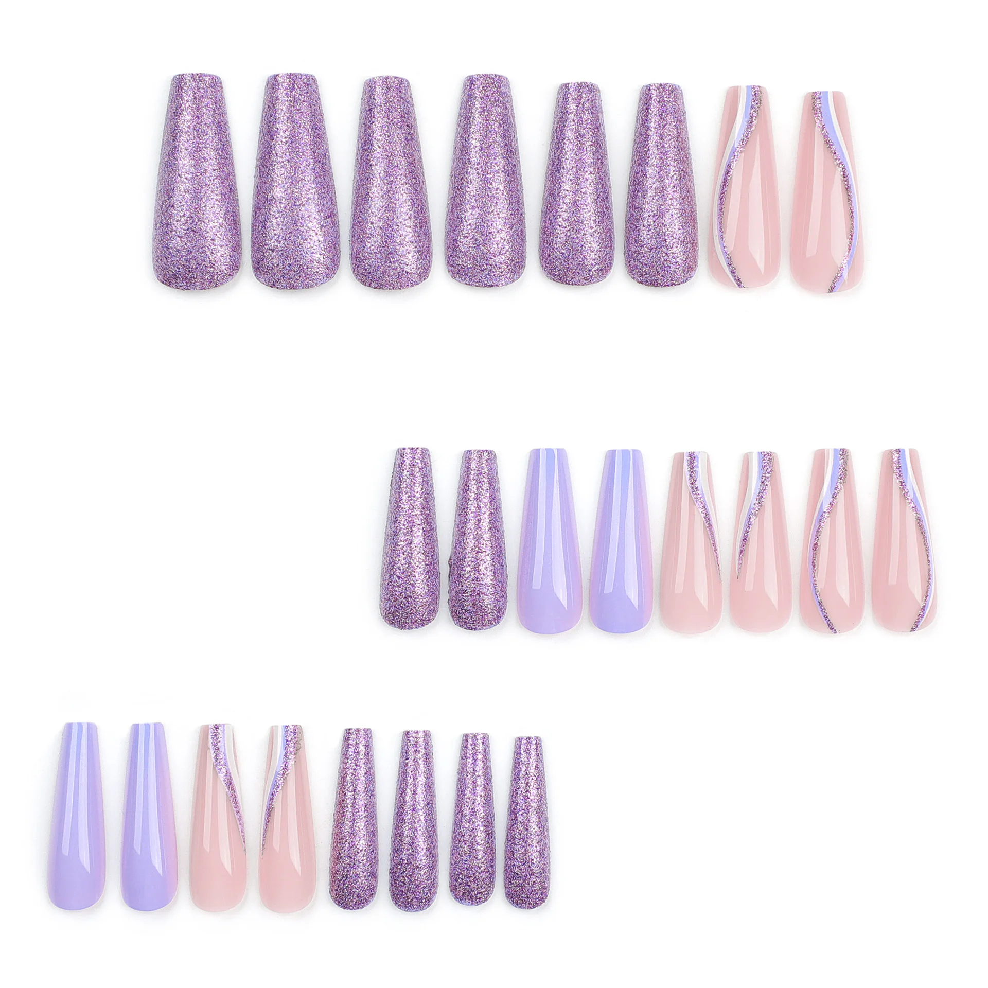 A Set Of 24 Long Glossy Purple Nails For Ballet Style And Simple Dressing