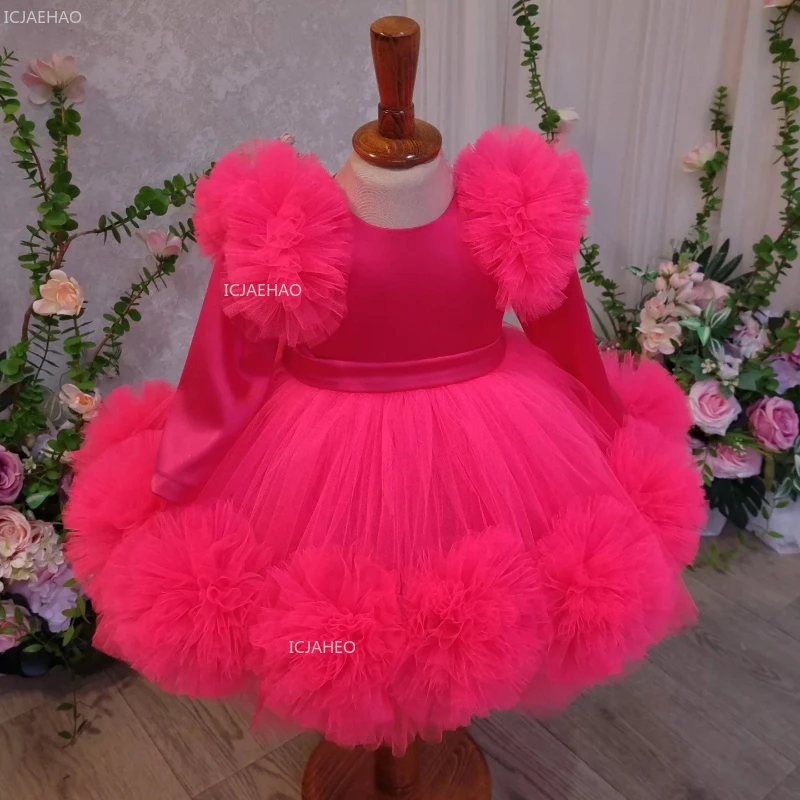 

2026 New Rose Red Princess Tulle Dress Girls Kids Baby First Birthday Evening Children Costume Gown Formal Party Celebration