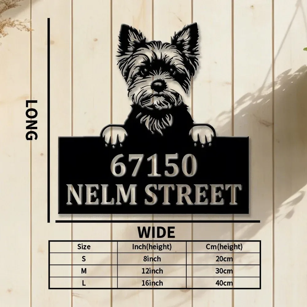 2D Flat Custom Name House Number Metal Plaque Yorkshire Terrier Pattern Indoor Outdoor Wall Art Gift for Dog Lovers