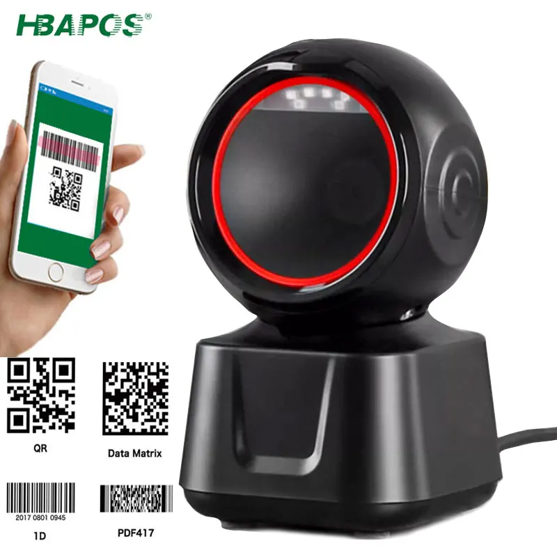 Omnidirectional Desktop Barcode Scanner 1D 2D QR Code Wired Hand-Free Automatic Sense Data Reader with USB Cable for POS System