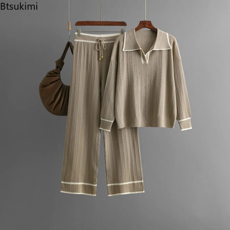 Autumn Winter Knitted 2-piece Sets Women's Turn-down Collar Loose Pullover Tops+High Waist Drawstring Wide Leg Pants Casual Suit