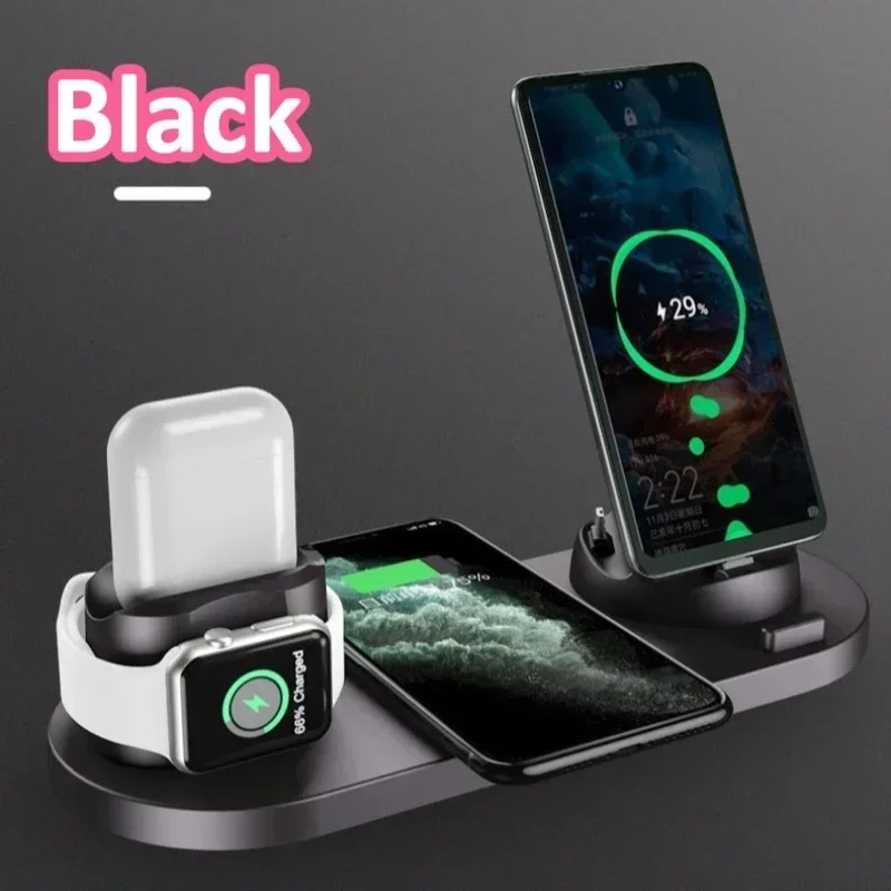 New 6 in 1 10W Wireless Charger Stand Pad for IPhone 15 14 13 12 Pro Max Apple Watch Airpods Phone Fast Charging Dock Station