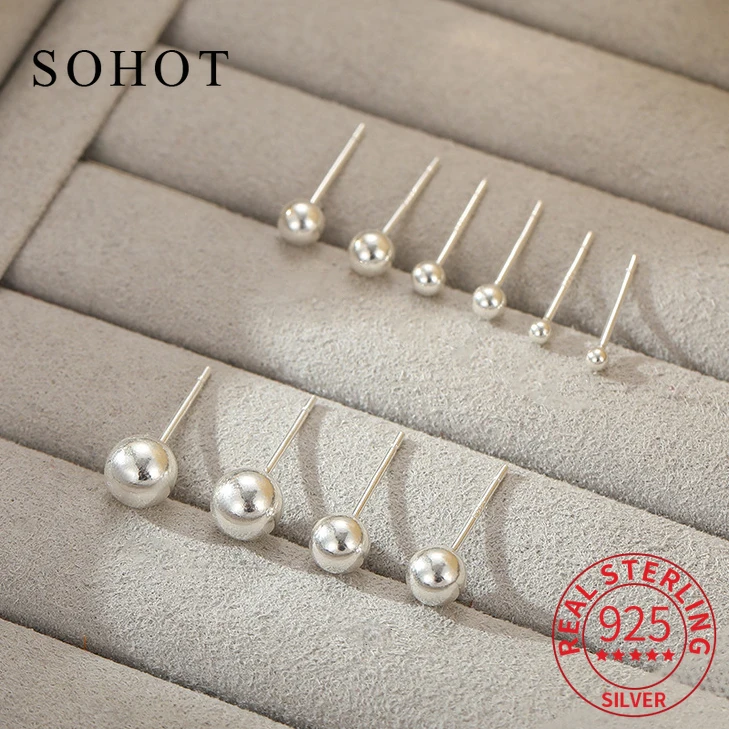 Real 925 Sterling Silver 3/4/5/6MM Bead Round Stud Earrings for Women Minimalist Classic Fine Jewelry Geometric Accessories