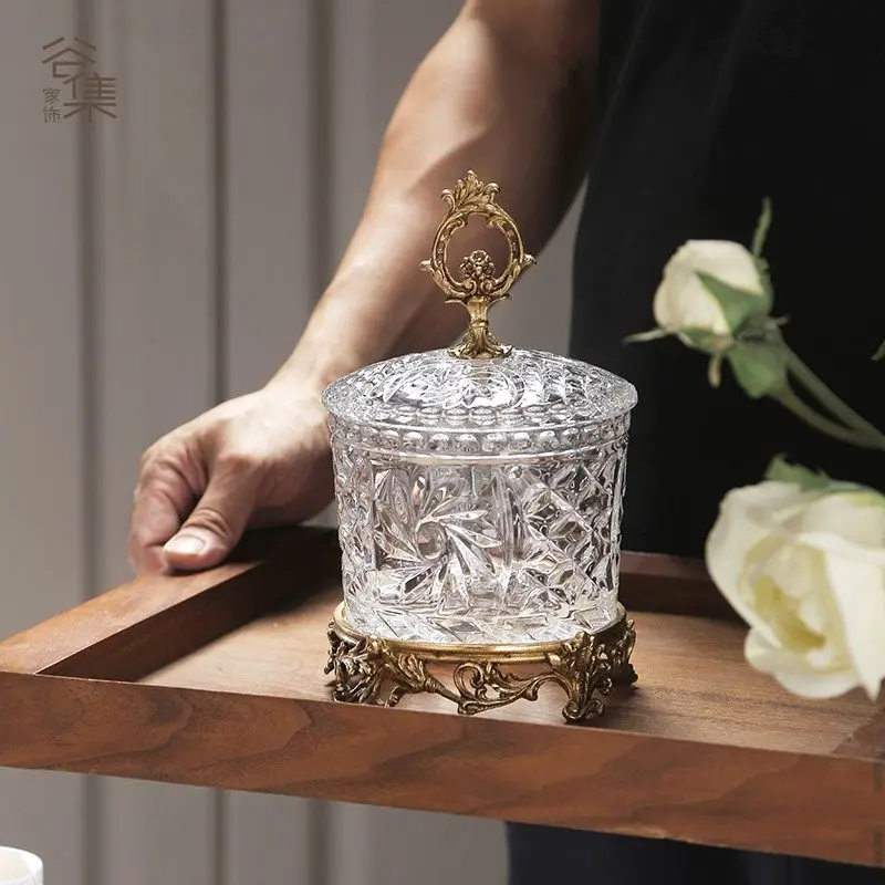 HT crystal glass brass candy jar - premium transparent storage box - living room home decor creative gift