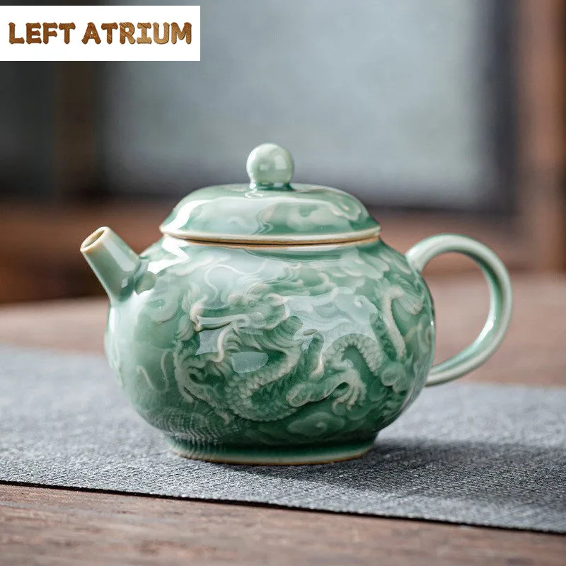 150ml Yue Kiln Celadon Relief Dragon And Phoenix Teapot Vintage Tea Infuser Pot Tea Maker Kettle With Ball Hole Tea Service Gift
