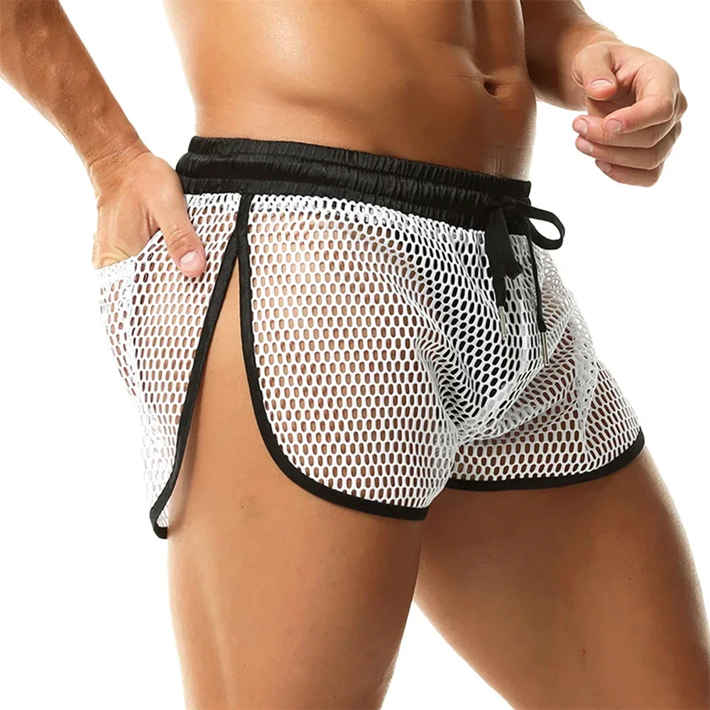 Casual Men's Breathable See Through Loose Short Pants Loungewear Summer Male Beach Swim Trunks Mesh Fishnet Side Split Shorts