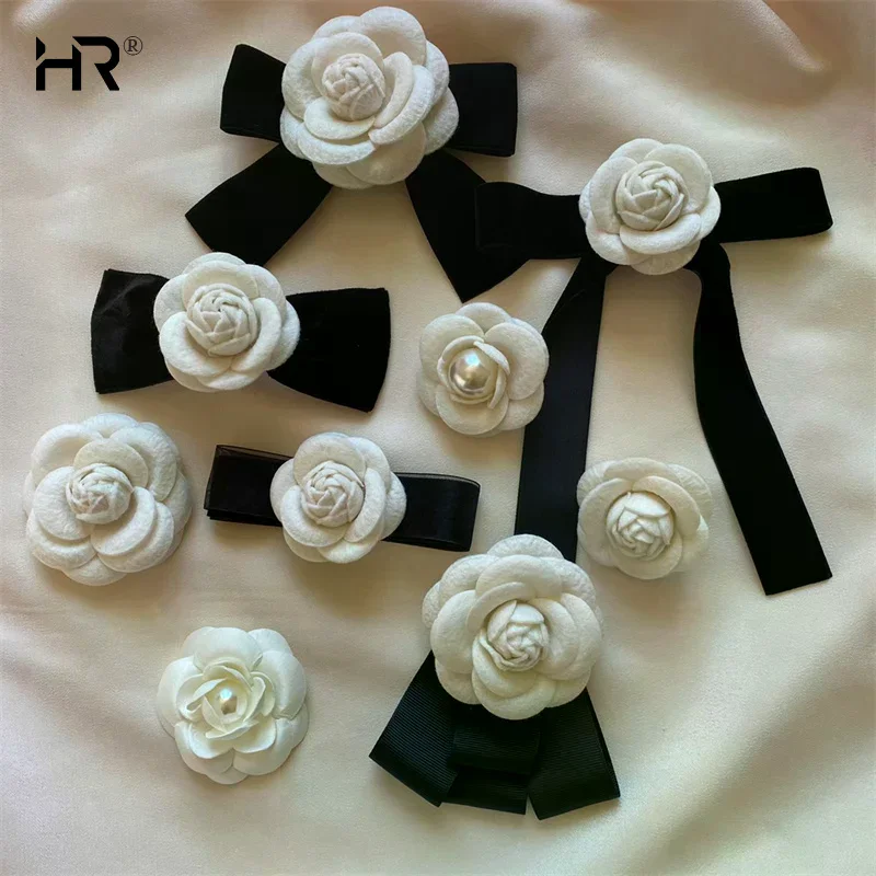 New Fabric Camellia Flower Brooch Velvet Bow Tie Ladies College Style Shirt Collar Pins Vintage Wedding Party Brooches For Women