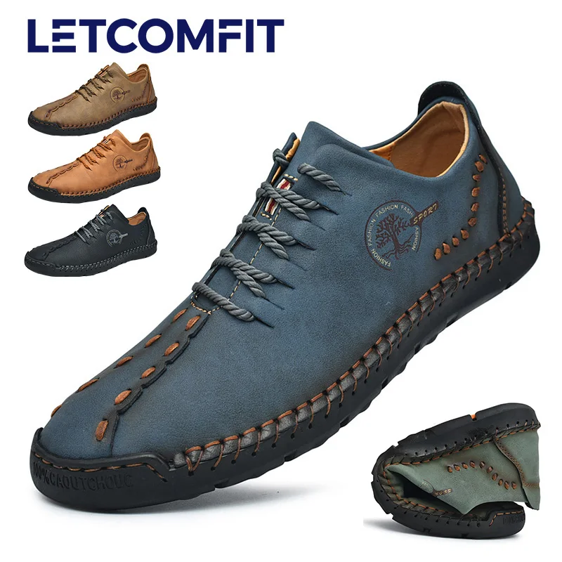 

LETCOMFIT Men's Handmade Lightweight Loafers Vintage Style Stitched Blue Non-Slip Casual Dress Shoes Business Slip-On Footwear