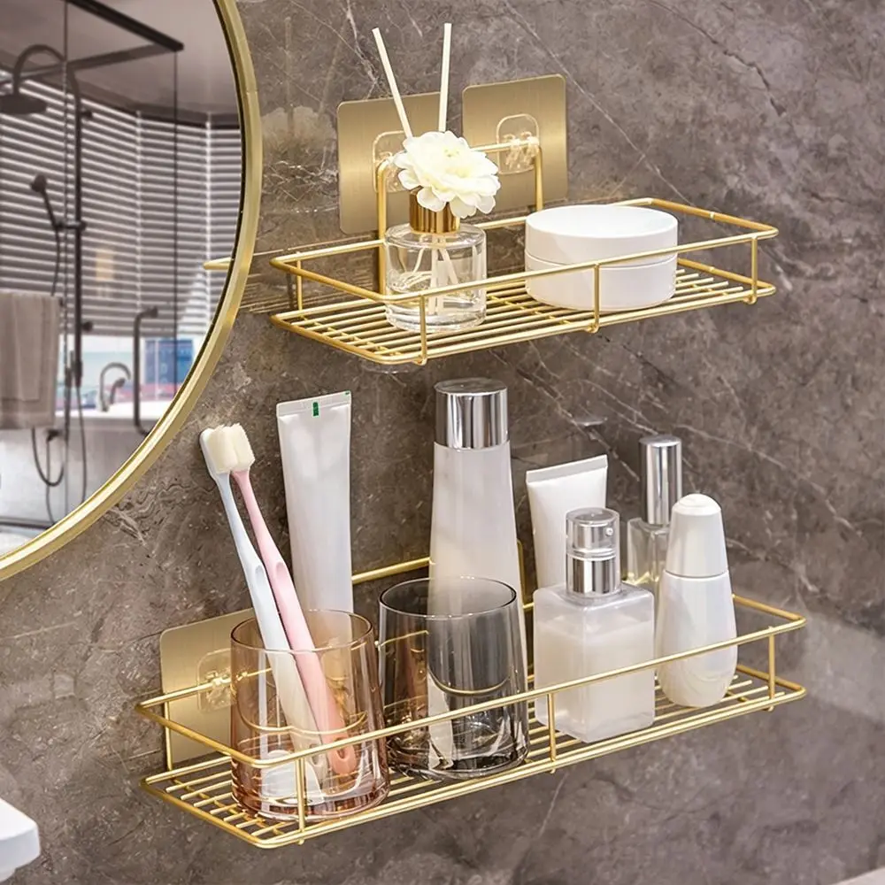 Metal Bathroom Storage Rack Wall Mounted Multi Functional Cosmetic Storage Shelf Hole-Free Space Saving Shower Corner Rack